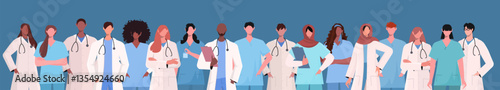  Doctors team isolated on blue background. A group of professional therapist and hospital staff in uniforms standing together. Vector illustration Not AI generated