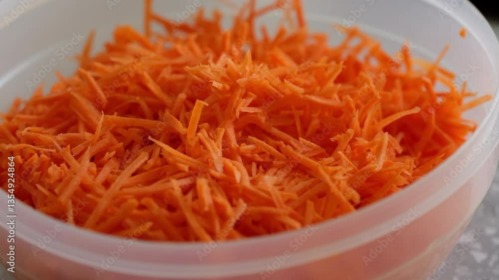 Plastic bowl full of grated carrots. Plastic bowl full of grated carrots.