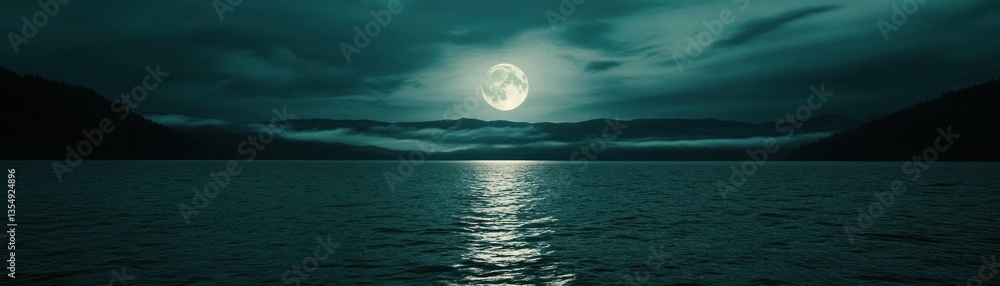 A large full moon shines brightly above a calm body of water A large full moon shines brightly above a calm body of water