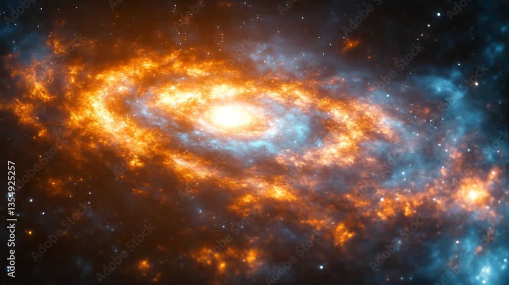 Naklejka premium Fiery spiral galaxy, cosmic dust, space background, science fiction