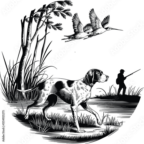 Hunting Dog vector black silhouette cricut design for T-Shirt