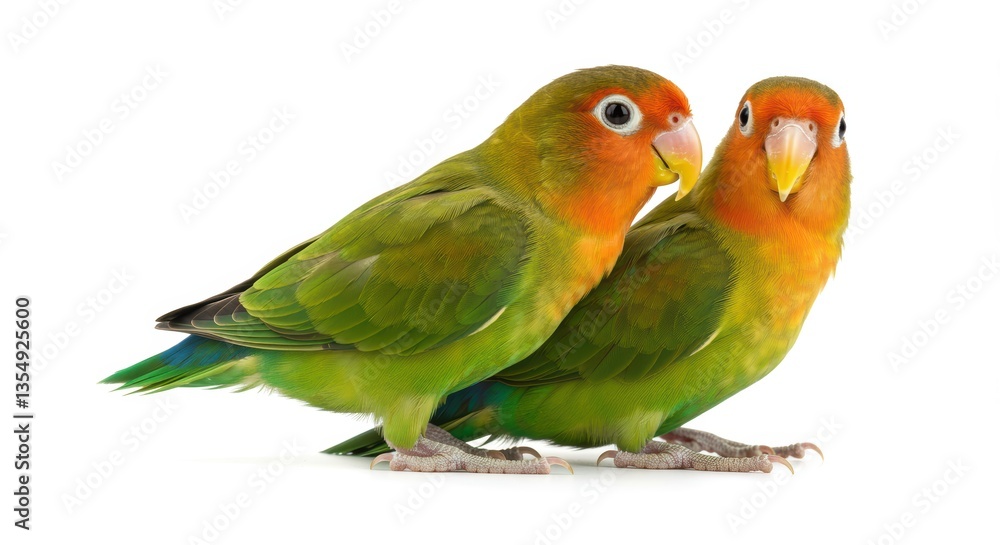 Fototapeta premium A close-up of two vibrant lovebirds showcasing their bright green feathers and unique facial patterns, capturing the essence of avian companionship for nature and pet lovers.