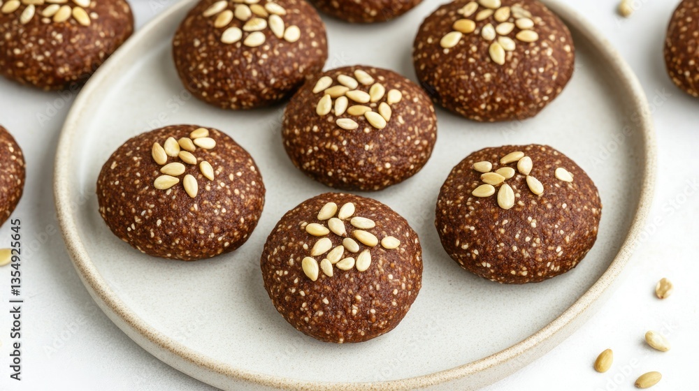 Delicious round treats sprinkled with seeds displayed on a ceramic plate Delicious round treats sprinkled with seeds displayed on a ceramic plate