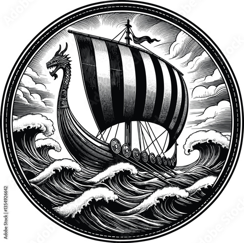 Big viking ship vector black silhouette print design