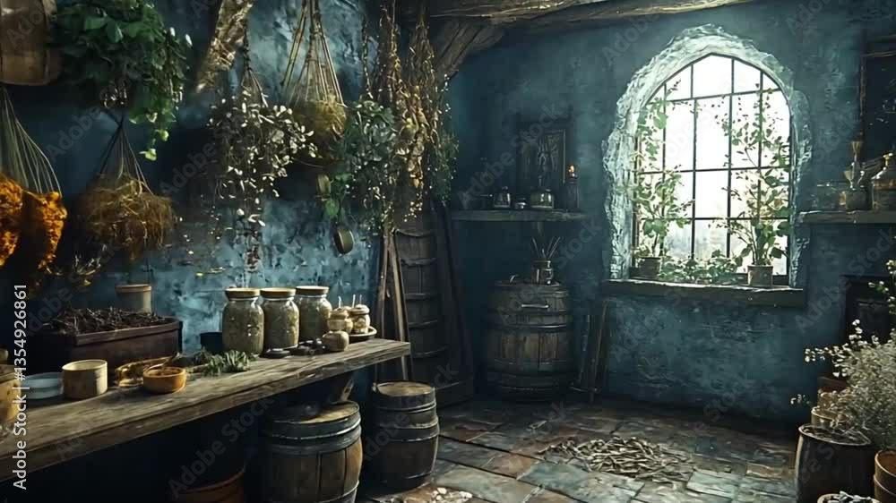 Rustic herbalist's room, sunlight, herbs, wooden. Possible use stock photography Rustic herbalist's room, sunlight, herbs, wooden. Possible use stock photography