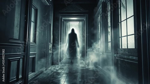 Eerie silhouette in haunted hallway evokes mystery and suspenseful atmosphere perfect