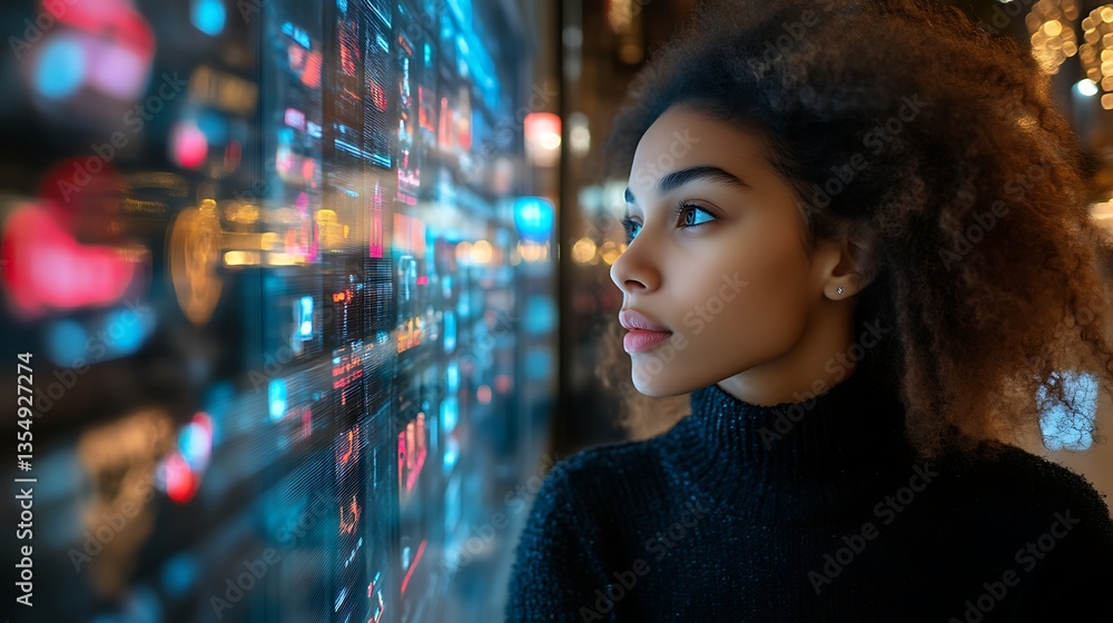 Woman viewing city data display at night Woman viewing city data display at night