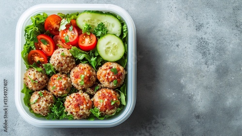 Healthy Meal Prep Bowl with Meatballs and Fresh Vegetables  