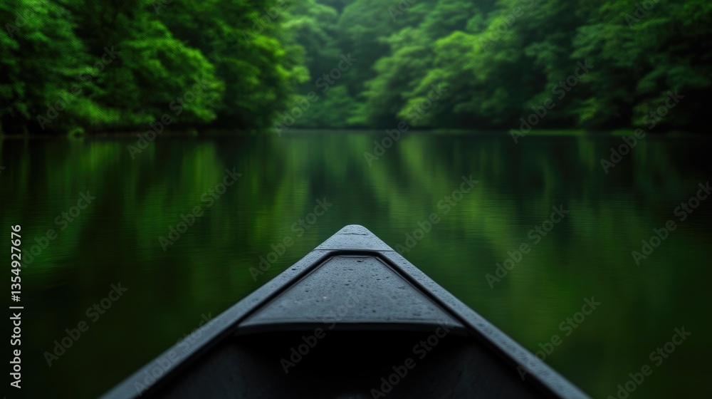 Obraz premium Serene kayak journey through a lush green forest. Calm water reflects the surrounding trees