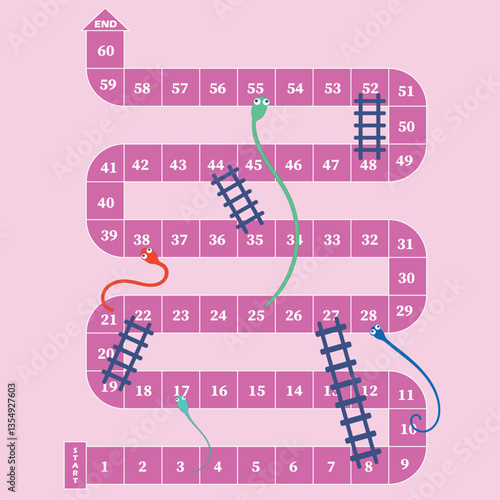 Snakes and Ladders Board Game, Snakes, ladders, start, finish 60 numbers 