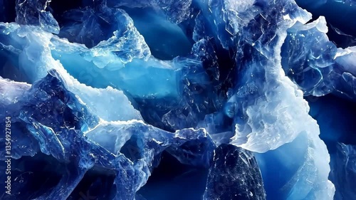 An abstract close-up of blue and icy Sodalite textures, resembling frozen water or crystal formations. The image features various shades of blue and translucent layers, creating a sense.