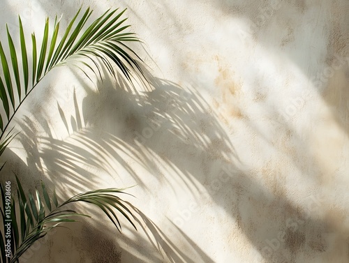Swaying palm leaves cast impressionistic shadows on a mottled wall.
