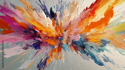A vivid explosion of multicolored paint strokes radiating outward in an abstract composition, combining bold oranges, blues, purples, and whites for a striking visual impact.. AI Generation