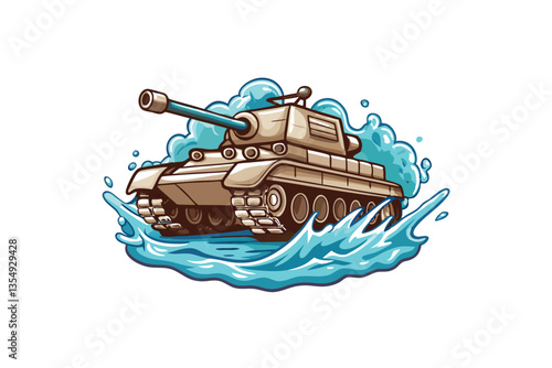 A military tank powerfully traverses a river, churning up massive waves and splashing water, showcasing its amphibious capabilities during a daring water crossing operation.