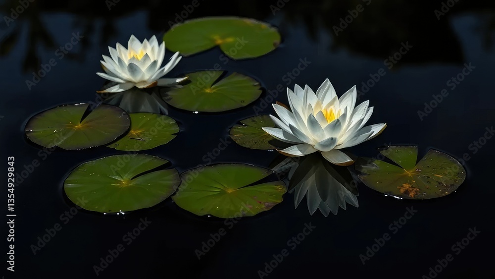 Silent water lilies reflected in darkened pond surface, serenity, reflection Silent water lilies reflected in darkened pond surface, serenity, reflection