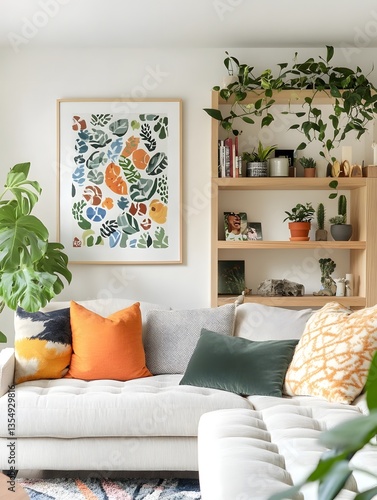 Vibrant and stylish living room with modern abstract art and cozy furnishings.