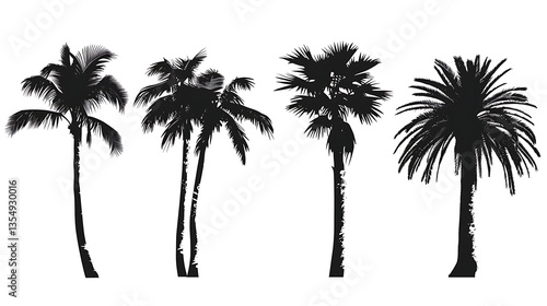 Collection of palm tree silhouettes in different poses, perfect for design elements, isolated on a white background