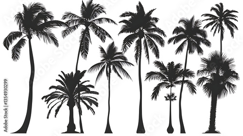 Collection of palm tree silhouettes in different poses, perfect for design elements, isolated on a white background