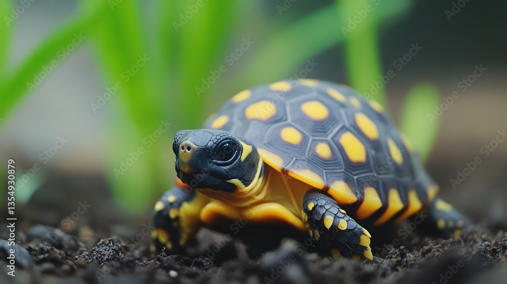 Baby tortoise in garden soil, close-up, natural light. Possible use Educational, nature, wildlife photography Baby tortoise in garden soil, close-up, natural light. Possible use Educational, nature, wildlife photography