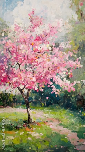 Vibrant spring blossom tree in an impressionist landscape painting