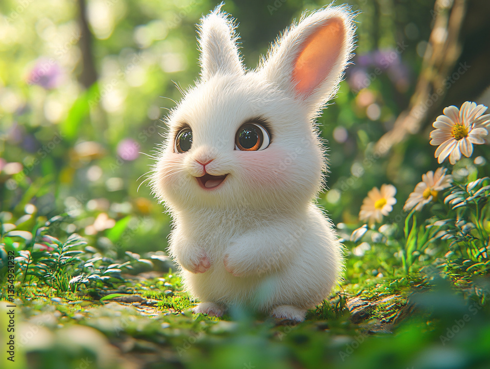 Fototapeta premium a cute, cartoonish white bunny with large, expressive brown eyes and pink cheeks, standing on a bed of green foliage and surrounded by colorful flowers and plants. 