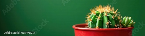 Prickly cactus with tiny striped succulent offshoot in red pot, greenery,
