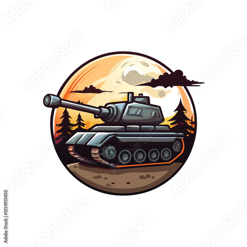 A powerful tank silhouetted against a brilliantly full moon, casting long, dramatic shadows on the desolate landscape.