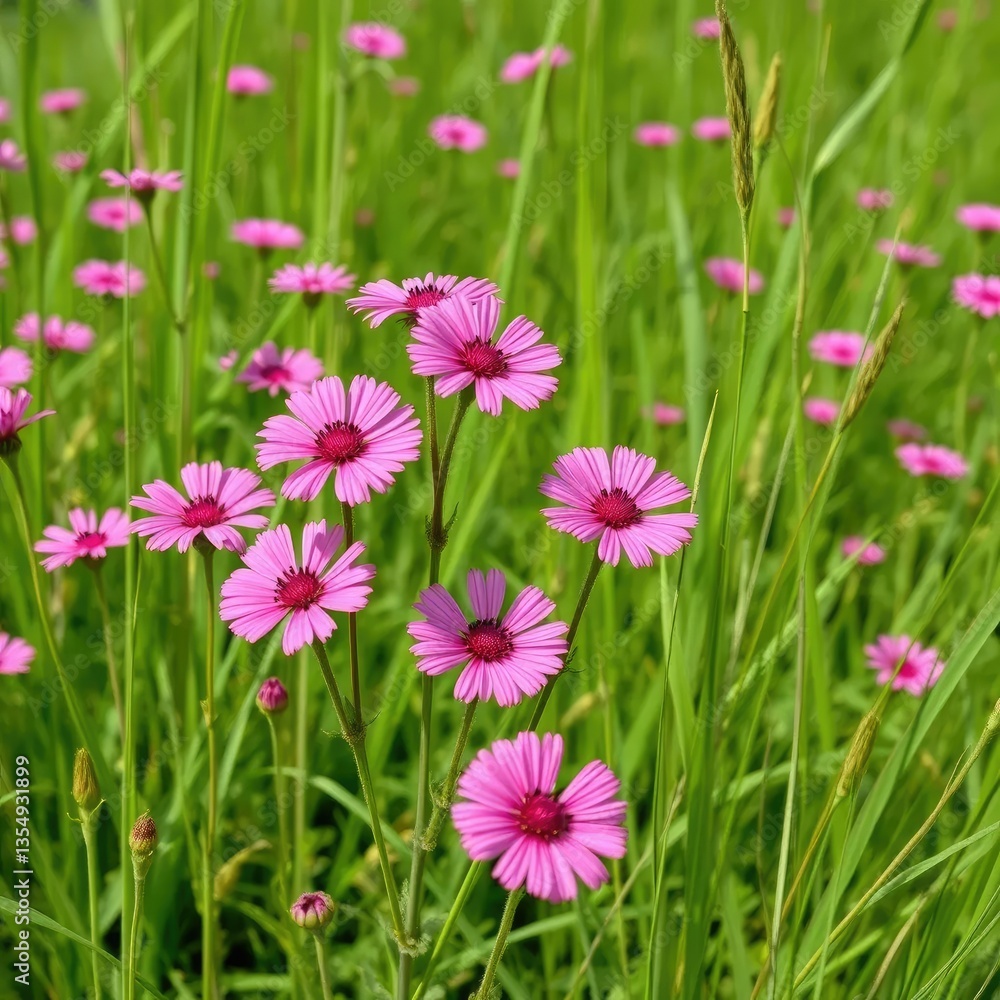 Fototapeta premium Pink dianthus blooms in a lush meadow with tall grass, pink, garden, dianthus