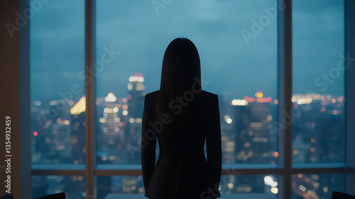 Ambitious Businesswoman Overlooking City Skyline