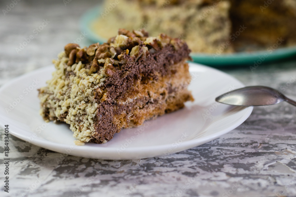 Delicious homemade cake with meringue, peanuts and walnuts on a light background. Appetizing piece of cake on a white plate close-up. Concept of natural homemade baking Delicious homemade cake with meringue, peanuts and walnuts on a light background. Appetizing piece of cake on a white plate close-up. Concept of natural homemade baking