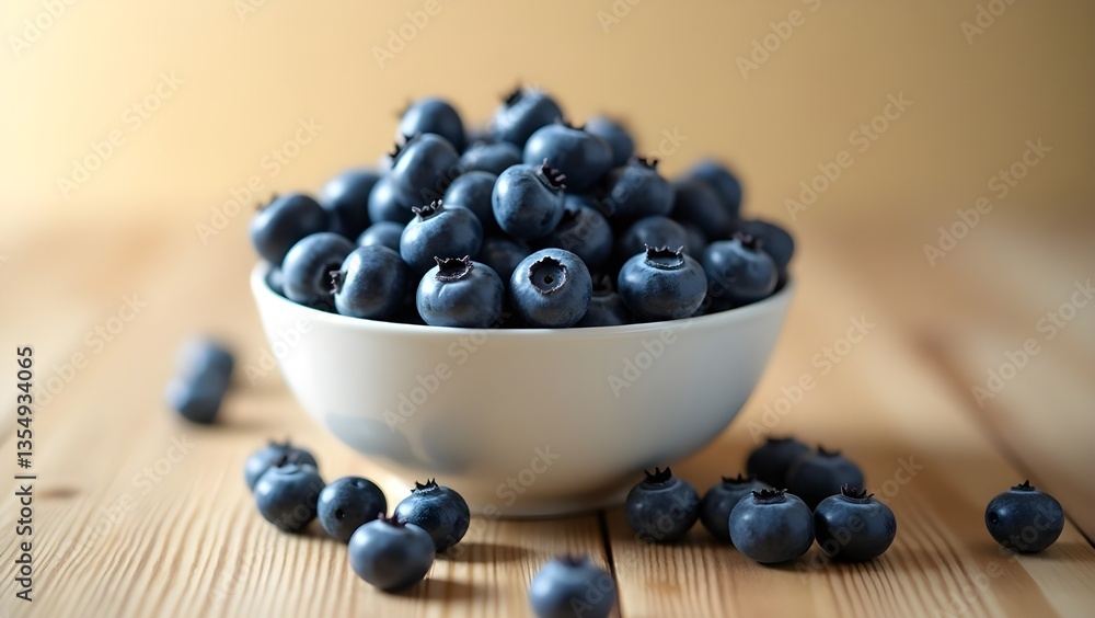 Fresh blueberries in a small white bowl on limewash wood, macro Fresh blueberries in a small white bowl on limewash wood, macro