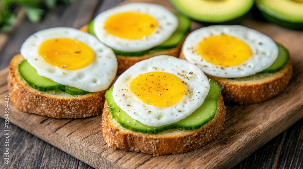 Delicious breakfast of egg and cucumber on toasted bread slices Delicious breakfast of egg and cucumber on toasted bread slices