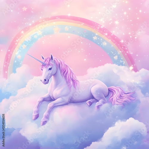 A serene scene with a unicorn resting on a soft cloud, framed by a vibrant pastel rainbow and sparkling stars against a dreamy pink and blue sky. Whimsical gradient background.