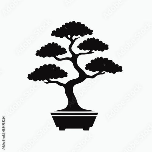  very simple flat and minimalist Bonsai Tree silhouette in black on a white background