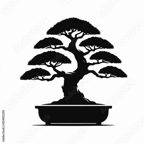  very simple flat and minimalist Bonsai Tree silhouette in black on a white background