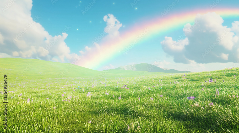 A vibrant rainbow stretching across a clear sky above a lush green meadow, with soft clouds and gentle sunlight illuminating the colors, peaceful and magical atmosphere A vibrant rainbow stretching across a clear sky above a lush green meadow, with soft clouds and gentle sunlight illuminating the colors, peaceful and magical atmosphere