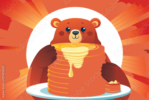 A jovial vintage cartoon bear, wearing overalls, gleefully devours a colossal stack of pancakes.  Focus on the whimsical, retro style.