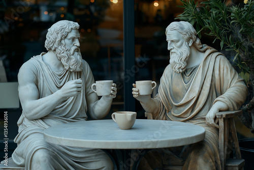 Two white marble statues of Greek philosophers sitting at a caf? table, engaging in deep conversation over coffee. Philosophy, dialogue, intellect, and timeless discussion in a modern context.