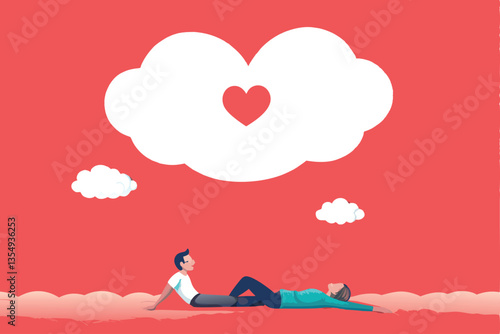 Two lovers recline beneath a whimsical, heart-shaped cloud in a dreamy pastoral setting.