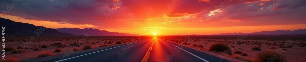 Naklejka premium Desert highway stretches into distance as fiery sunset sky deepens, desert, dusk, sunset