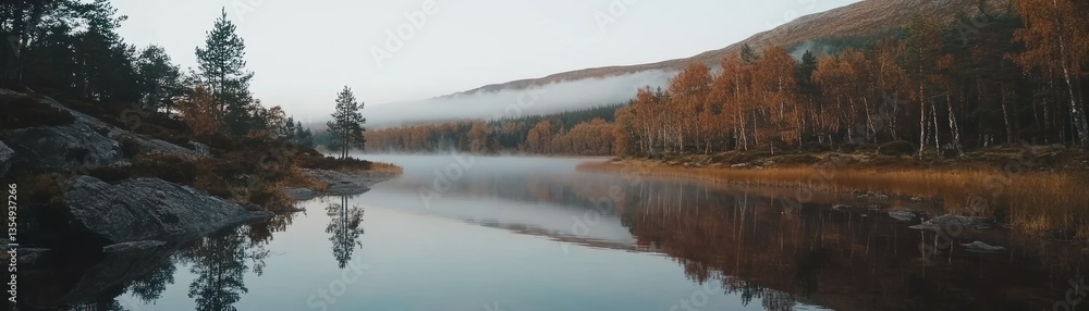 A serene lake reflecting trees and misty forested mountains at dawn A serene lake reflecting trees and misty forested mountains at dawn