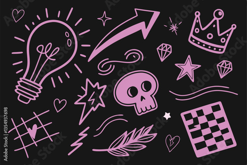 32 Neon pink doodles, black background, hand-drawn symbols, glowing light bulb, arrows, skull, heart, crown, stars, checkered pattern, hashtag, quotation marks, abstract shapes, vibrant magenta, digit