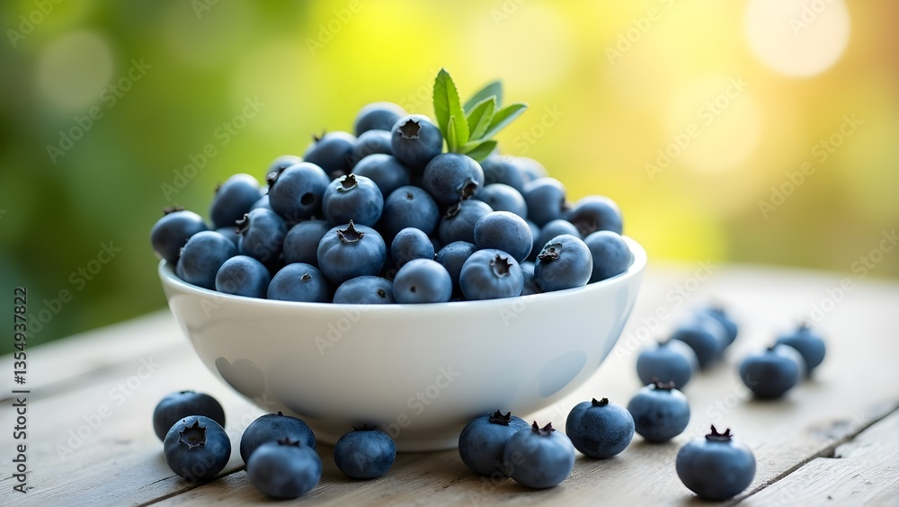 Fresh organic blueberries in a white bowl on light wood table outdoors Fresh organic blueberries in a white bowl on light wood table outdoors