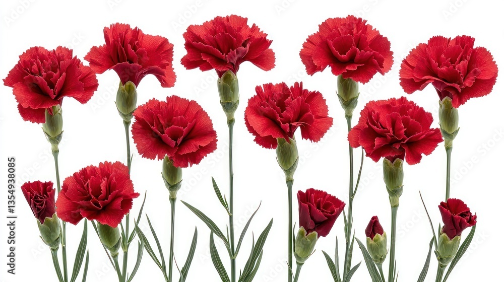 Fototapeta premium Red carnations bouquet, studio shot, white background, floral design