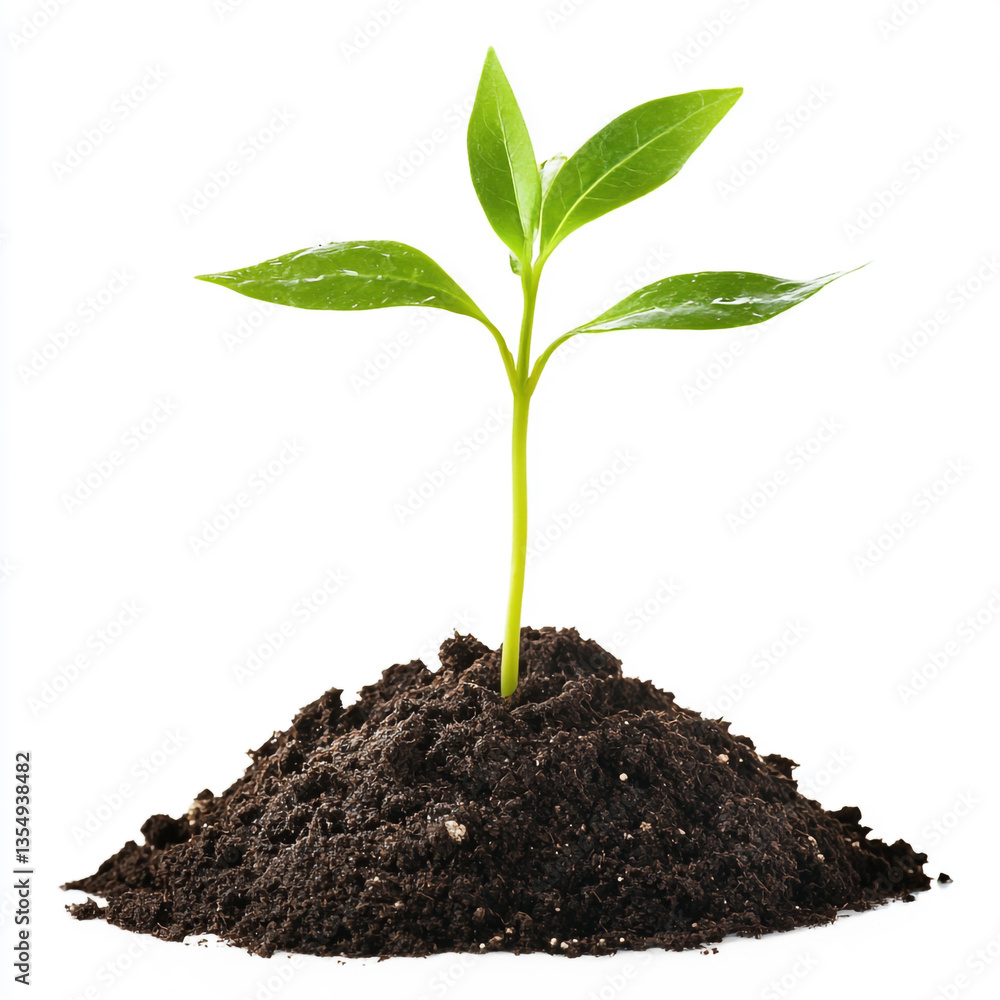 A small seedling with green leaves growing from a mound of dark soil against a white background A small seedling with green leaves growing from a mound of dark soil against a white background