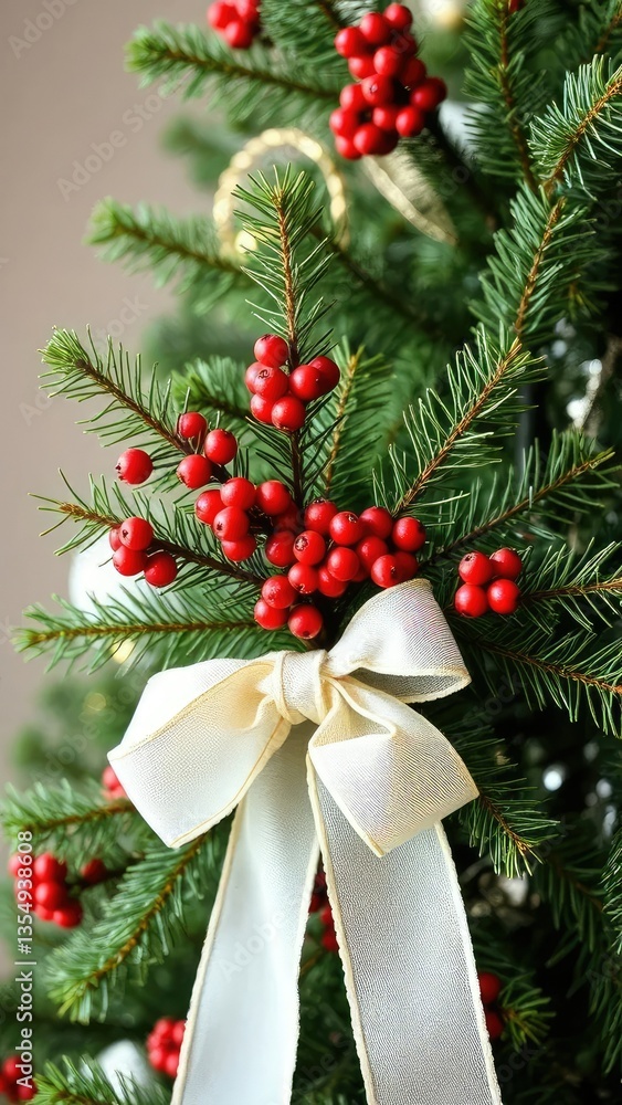 Fototapeta premium Decorated evergreen branch with red berries and white bow tied around a Christmas tree, christmas tree, holiday decoration