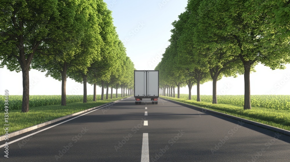 Scenic road lined with trees and a delivery truck, representing sustainable logistics and transportation, isolated on transparent background for visual themes. Scenic road lined with trees and a delivery truck, representing sustainable logistics and transportation, isolated on transparent background for visual themes.