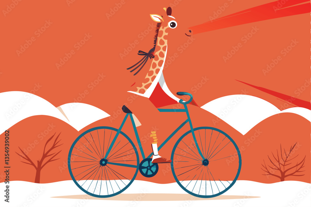Fototapeta premium A charming vintage cartoon giraffe, sporting a knitted scarf, stands elegantly against a plain background. Illustrative style, retro aesthetic.