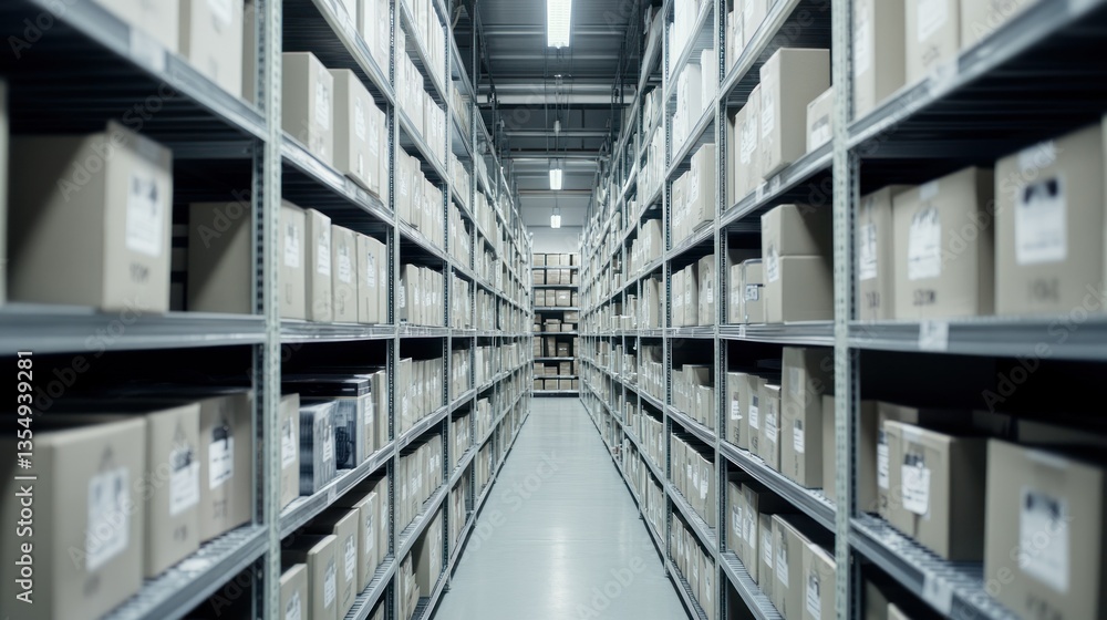 Fototapeta premium Rows of cardboard boxes stored inside a large distribution warehouse