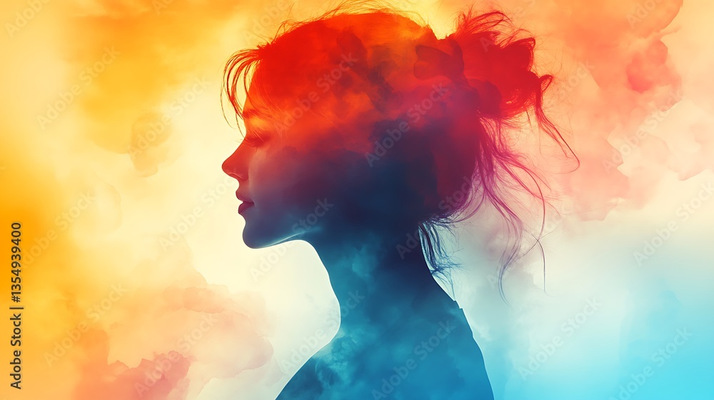 Woman's Profile Silhouette Merging with a Colorful Abstract Design Woman's Profile Silhouette Merging with a Colorful Abstract Design